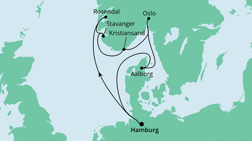 Routenverlauf für Skandinavien mit Hardangerfjord mit AIDAvita am 01.07.20 Routenverlauf für Skandinavien mit Hardangerfjord mit AIDAvita am 01.07.20