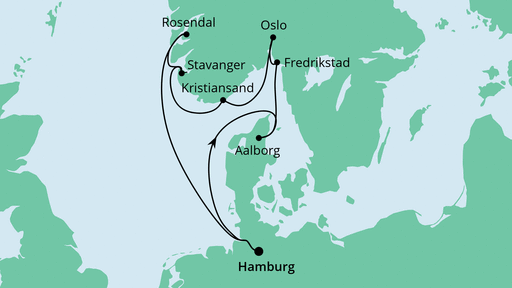 Routenverlauf für Skandinavien mit Hardangerfjord mit AIDAvita am 22.07.20 Routenverlauf für Skandinavien mit Hardangerfjord mit AIDAvita am 22.07.20