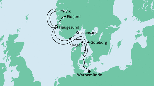 Routenverlauf für Skandinavien ab Warnemünde mit AIDAvita am 21.07.23 Routenverlauf für Skandinavien ab Warnemünde mit AIDAvita am 21.07.23