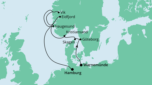 Routenverlauf für Skandinavien von Warnemünde nach Hamburg mit AIDAvita am 21.09.23
