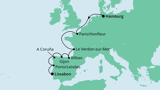 Routenverlauf für Von Hamburg nach Lissabon 1 mit AIDAvita am 04.11.23 Routenverlauf für Von Hamburg nach Lissabon 1 mit AIDAvita am 04.11.23