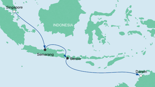 Routenverlauf für Von Singapur nach Darwin mit AIDAvita am 12.01.20 Routenverlauf für Von Singapur nach Darwin mit AIDAvita am 12.01.20