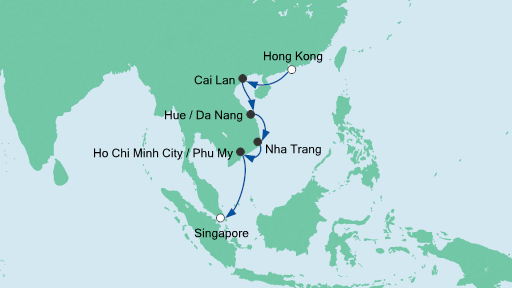 Routenverlauf für Große Vietnam-Reise mit AIDAvita am 13.02.20