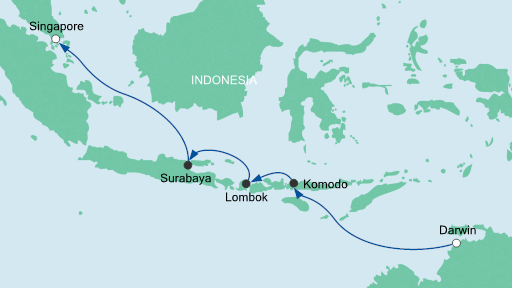 Routenverlauf für Von Darwin nach Singapur mit AIDAvita am 04.03.20