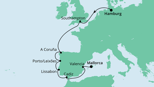 Routenverlauf für Von Hamburg nach Mallorca mit AIDAvita am 26.09.20 Routenverlauf für Von Hamburg nach Mallorca mit AIDAvita am 26.09.20