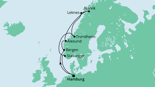 Routenverlauf für Norwegen mit Lofoten mit AIDAvita am 10.07.20