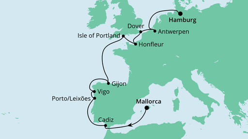 Routenverlauf für Von Mallorca nach Hamburg mit AIDAvita am 03.05.20 Routenverlauf für Von Mallorca nach Hamburg mit AIDAvita am 03.05.20
