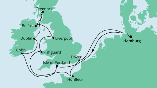 Routenverlauf für Großbritannien & Irland mit AIDAvita am 16.05.20 Routenverlauf für Großbritannien & Irland mit AIDAvita am 16.05.20