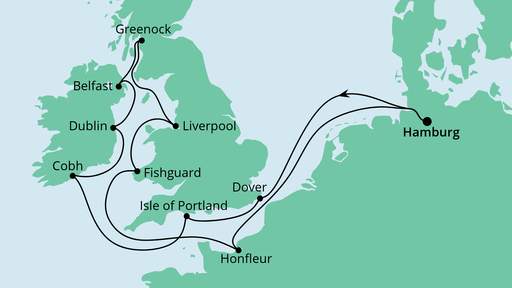 Routenverlauf für Großbritannien & Irland mit AIDAvita am 31.07.20 Routenverlauf für Großbritannien & Irland mit AIDAvita am 31.07.20
