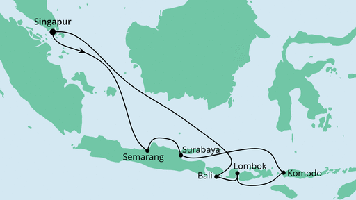Routenverlauf für Singapur & Indonesien mit Bali mit AIDAvita am 15.11.20