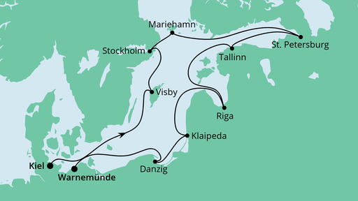 Routenverlauf für Ostsee-Rundreise 1 mit AIDAvita am 23.05.21 Routenverlauf für Ostsee-Rundreise 1 mit AIDAvita am 23.05.21