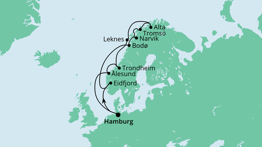 Routenverlauf für Herbstliche Nordlichter ab Hamburg mit AIDAvita am 01.10.22 Routenverlauf für Herbstliche Nordlichter ab Hamburg mit AIDAvita am 01.10.22