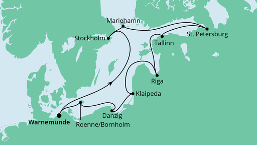 Routenverlauf für Ostsee-Rundreise 1 mit AIDAvita am 01.06.23 Routenverlauf für Ostsee-Rundreise 1 mit AIDAvita am 01.06.23