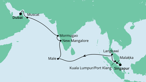 Routenverlauf für Von Singapur nach Dubai mit AIDAvita am 14.03.21 Routenverlauf für Von Singapur nach Dubai mit AIDAvita am 14.03.21