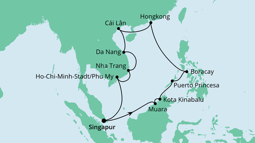 Routenverlauf für Philippinen, Hongkong & Vietnam mit AIDAvita am 31.01.21 Routenverlauf für Philippinen, Hongkong & Vietnam mit AIDAvita am 31.01.21
