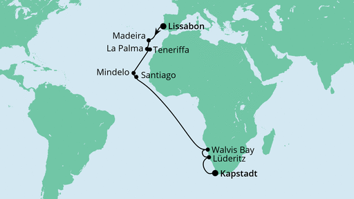Routenverlauf für Von Lissabon nach Kapstadt mit AIDAvita am 13.11.23 Routenverlauf für Von Lissabon nach Kapstadt mit AIDAvita am 13.11.23