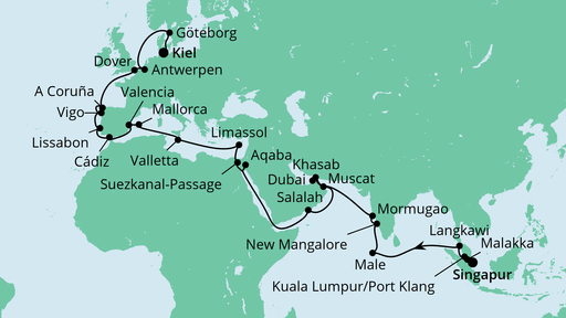 Routenverlauf für Weltenbummler von Singapur nach Kiel mit AIDAvita am 14.03.21